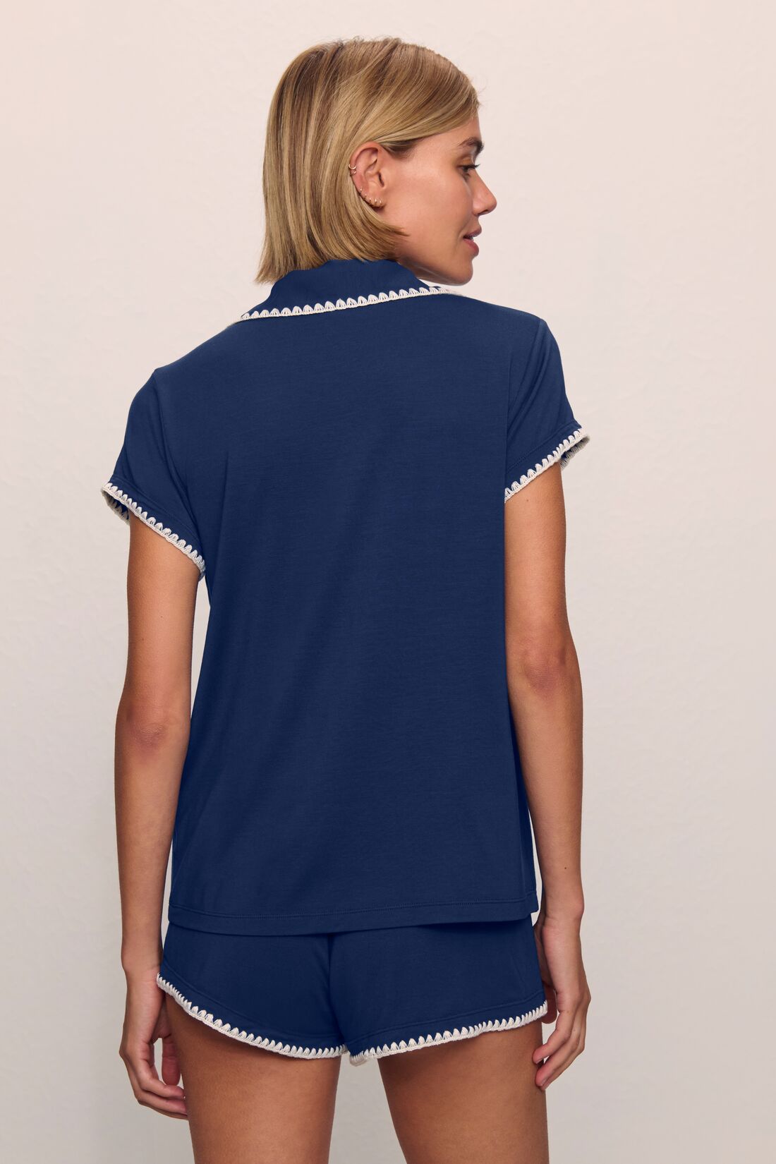 Model is wearing Frida TENCEL™ Modal Shortie Short PJ Set in Navy/Ivory