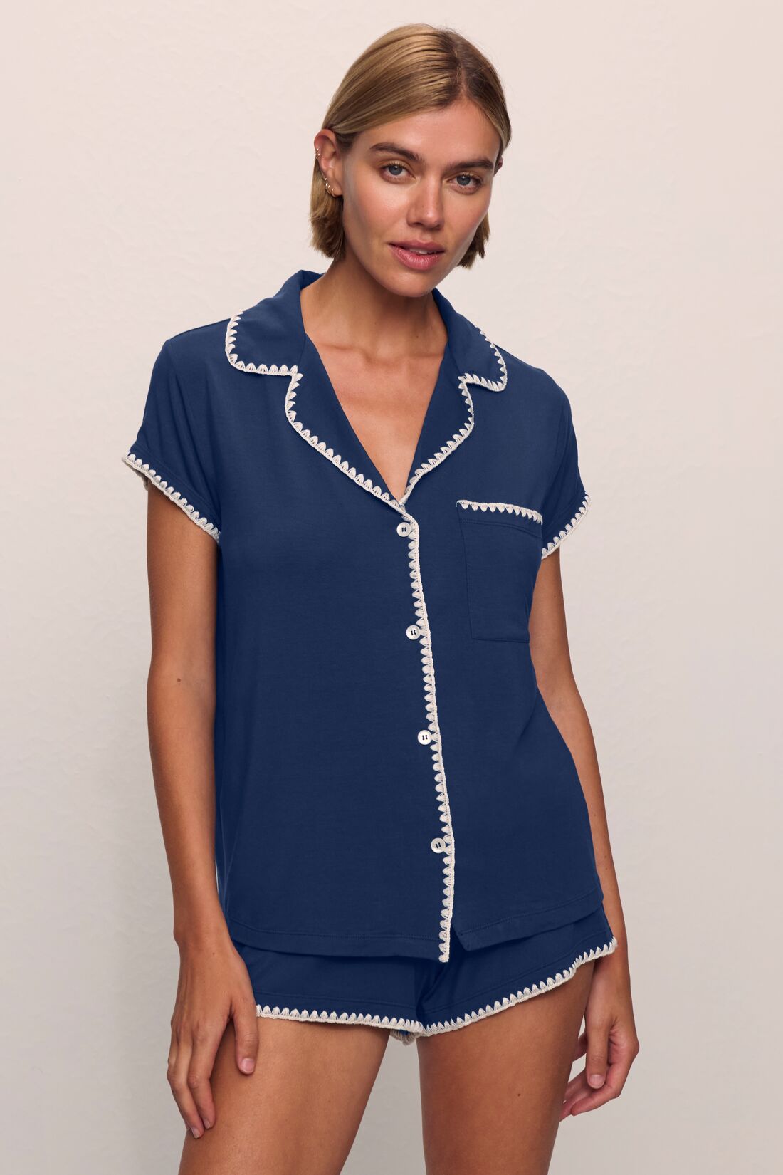 Model is wearing Frida TENCEL™ Modal Shortie Short PJ Set in Navy/Ivory