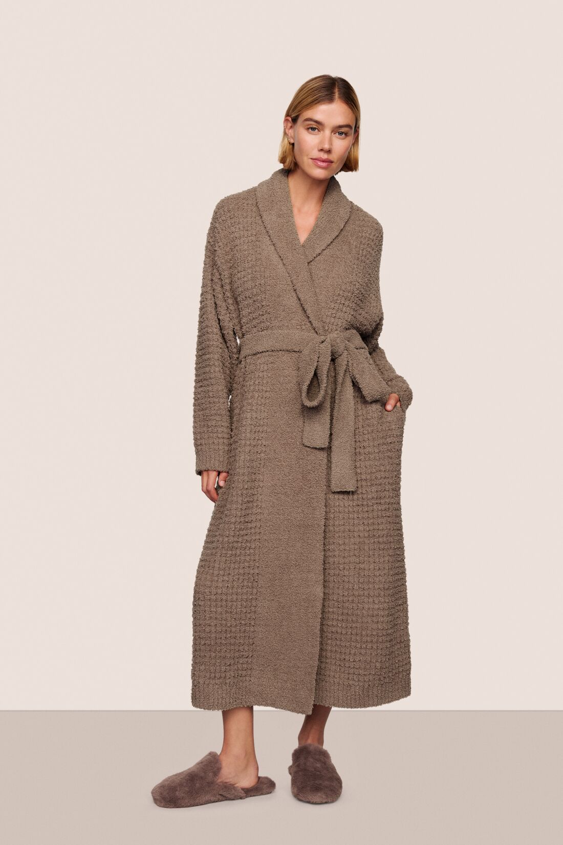 Model wearing Recycled Boucle Waffle Robe in Deep Taupe