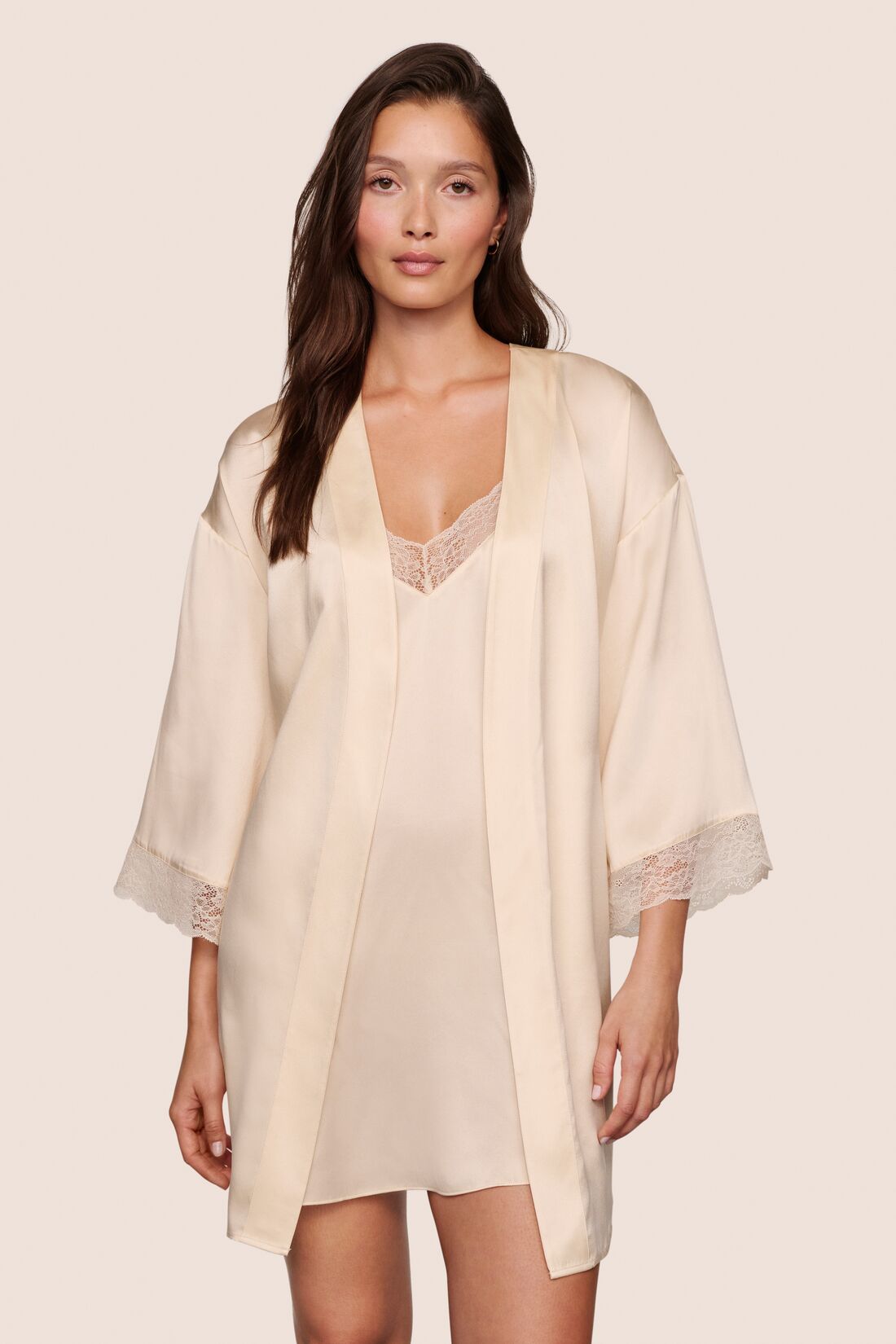 Model is wearing Washable Silk Lace Robe  in Champagne/Champagne