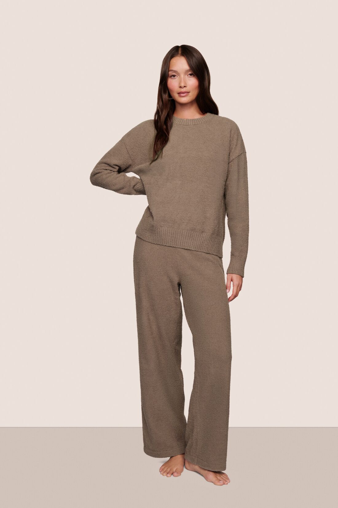 Model is wearing Recycled Boucle Crew Neck Pullover and Wide Leg Pant  in Deep Taupe