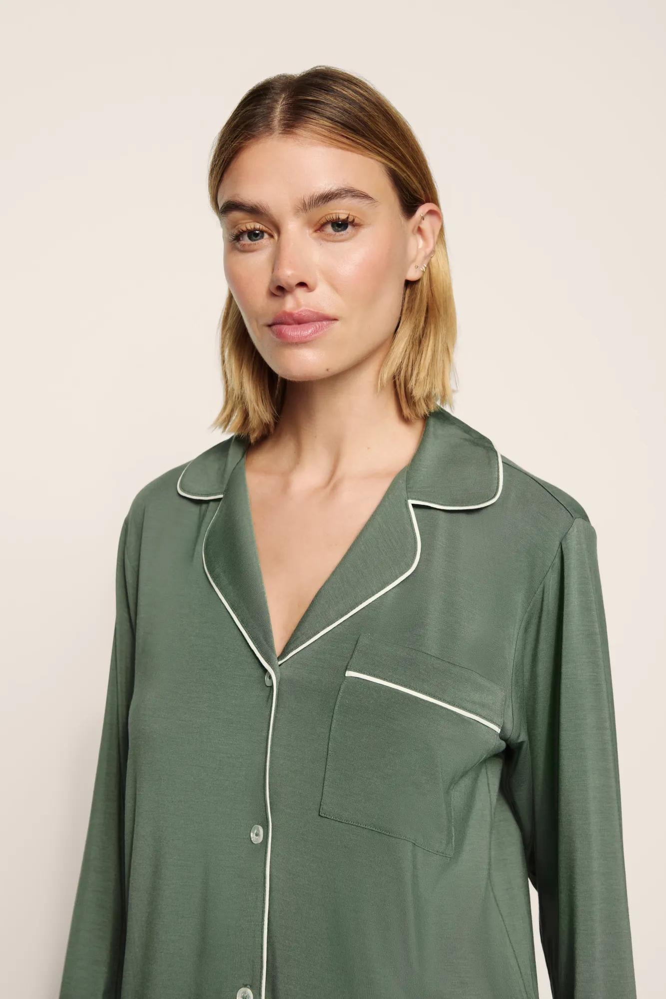 Model is wearing Gisele TENCEL™ Modal Long PJ Set  in  Desert Sage/Ivory