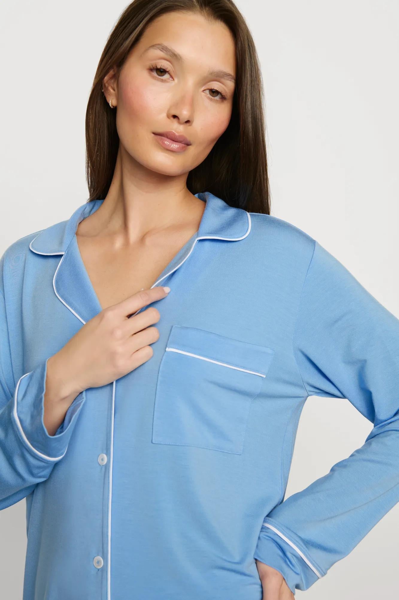 Model is wearing Gisele TENCEL™ Modal Long PJ Set in Summer Blue/White