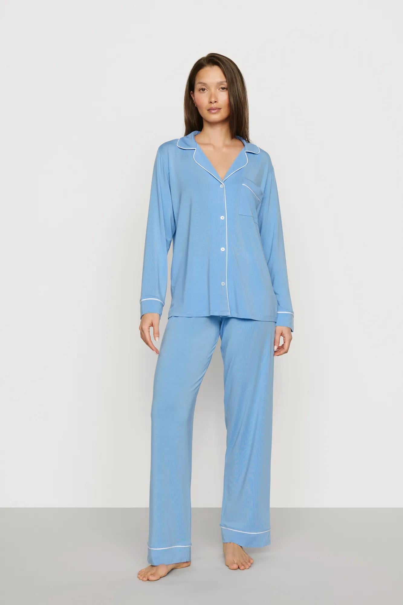 Model is wearing Gisele TENCEL™ Modal Long PJ Set in Summer Blue/White