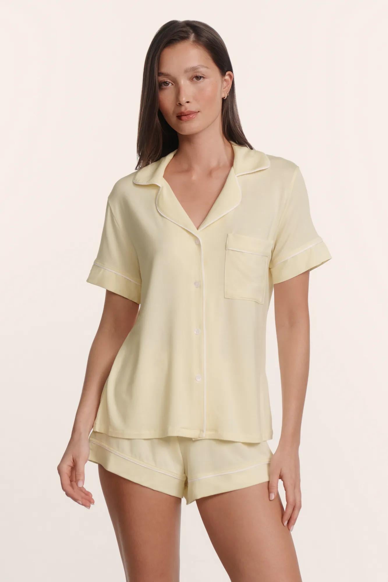 Model is wearing Gisele TENCEL™ Modal Relaxed Short PJ Set in Buttercream/Ivory