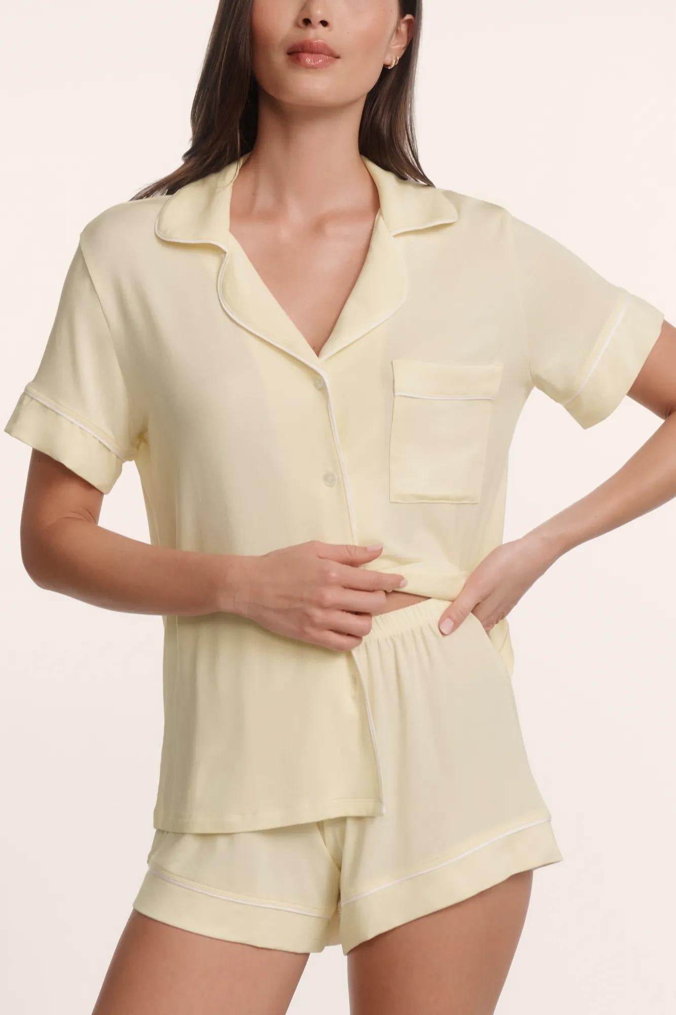 Model is wearing Gisele TENCEL™ Modal Relaxed Short PJ Set in Buttercream/Ivory