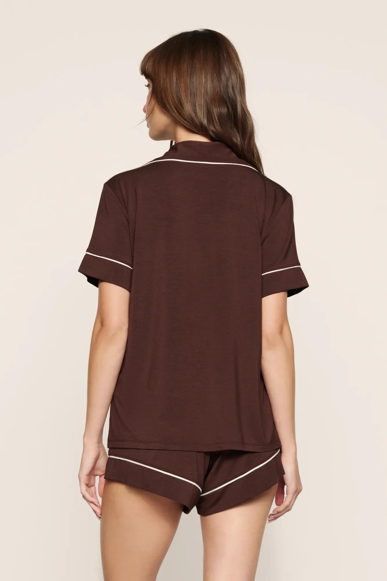 Model is wearing Gisele TENCEL™ Modal Relaxed Short PJ Set in Chocolate/Ivory
