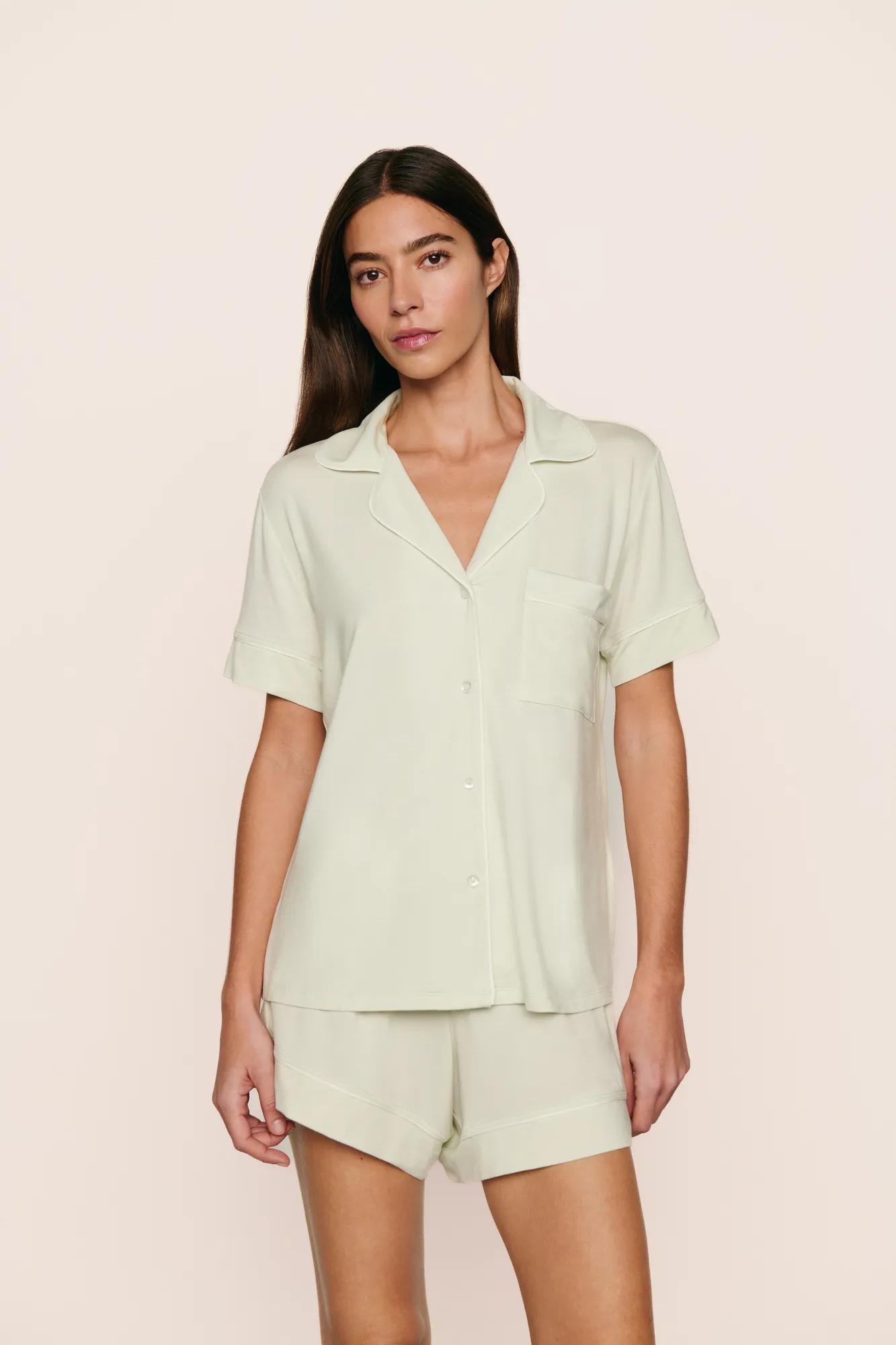 Model is wearing Gisele TENCEL™ Modal Relaxed Short PJ Set  in Seafoam/Ivory