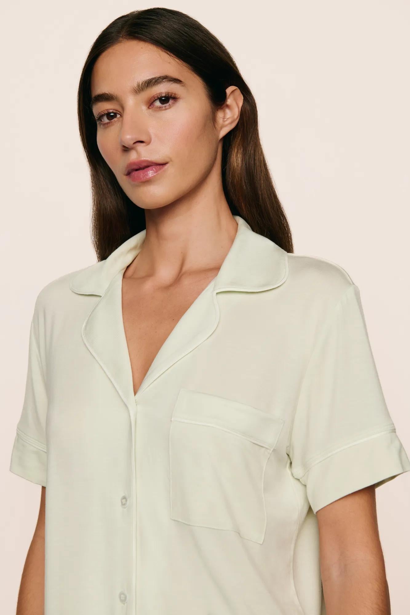 Model is wearing Gisele TENCEL™ Modal Relaxed Short PJ Set  in Seafoam/Ivory