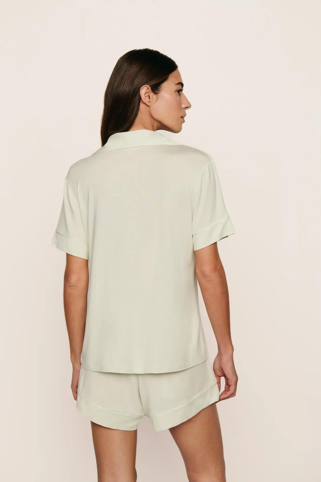 Model is wearing Gisele TENCEL™ Modal Relaxed Short PJ Set  in Seafoam/Ivory