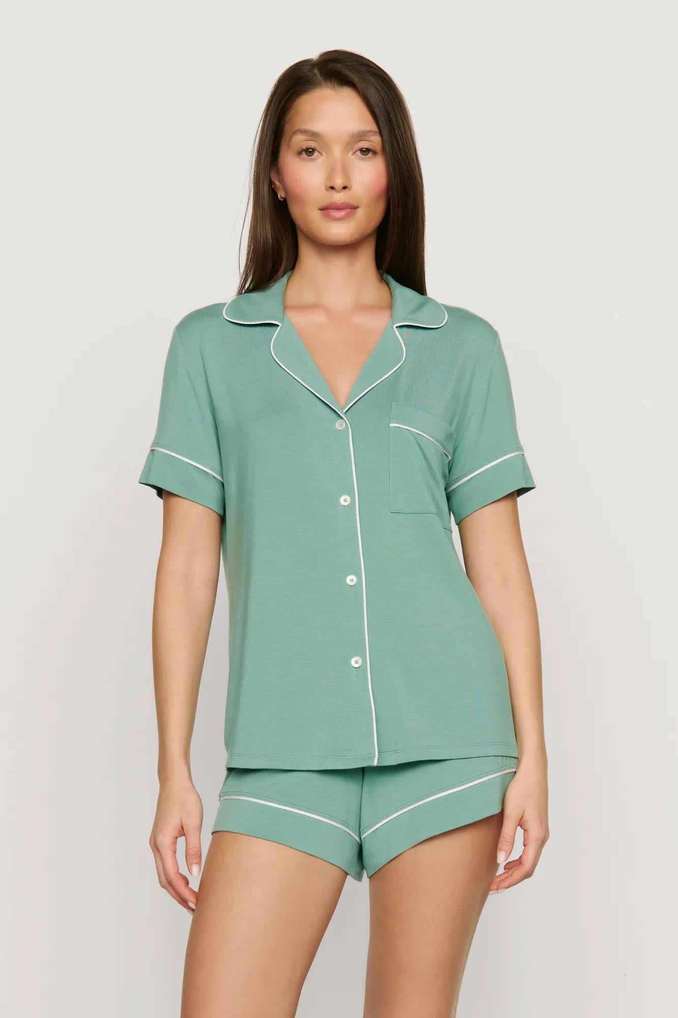 Model is wearing Gisele TENCEL™ Modal Relaxed Short PJ Set in Seagrass/White