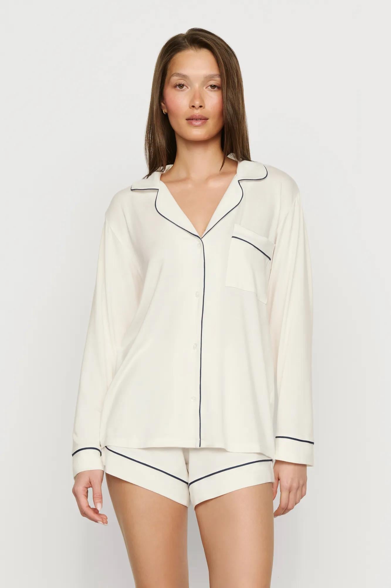 Model is wearing Gisele TENCEL™ Modal Long Sleeve Short PJ Set in Ivory/Navy