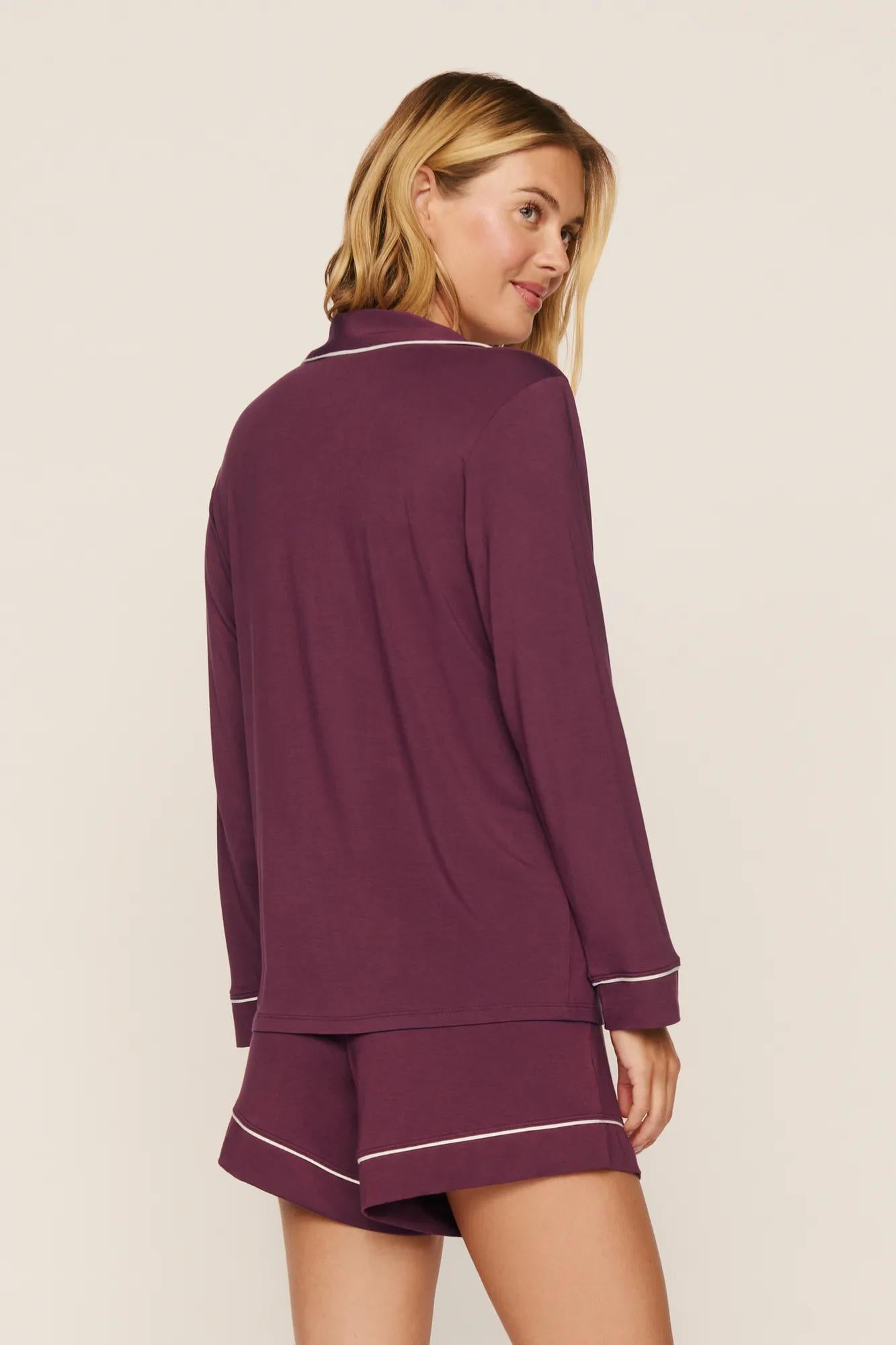 Model is wearing Gisele TENCEL™ Modal Long Sleeve Short PJ Set in Wildberry/Ivory