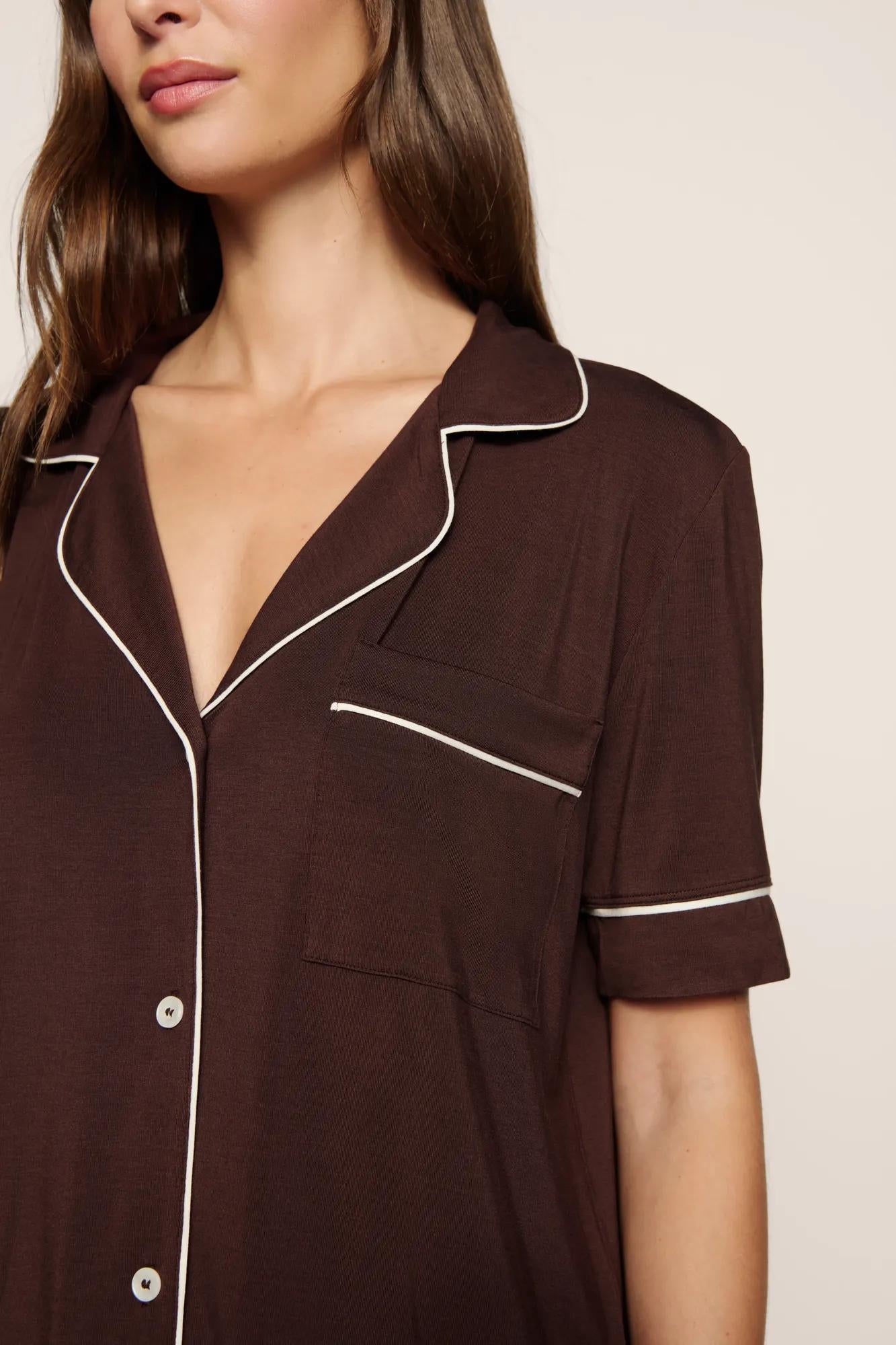 Model is wearing Gisele TENCEL™ Modal Short Sleeve & Pant PJ Set in Chocolate/Ivory