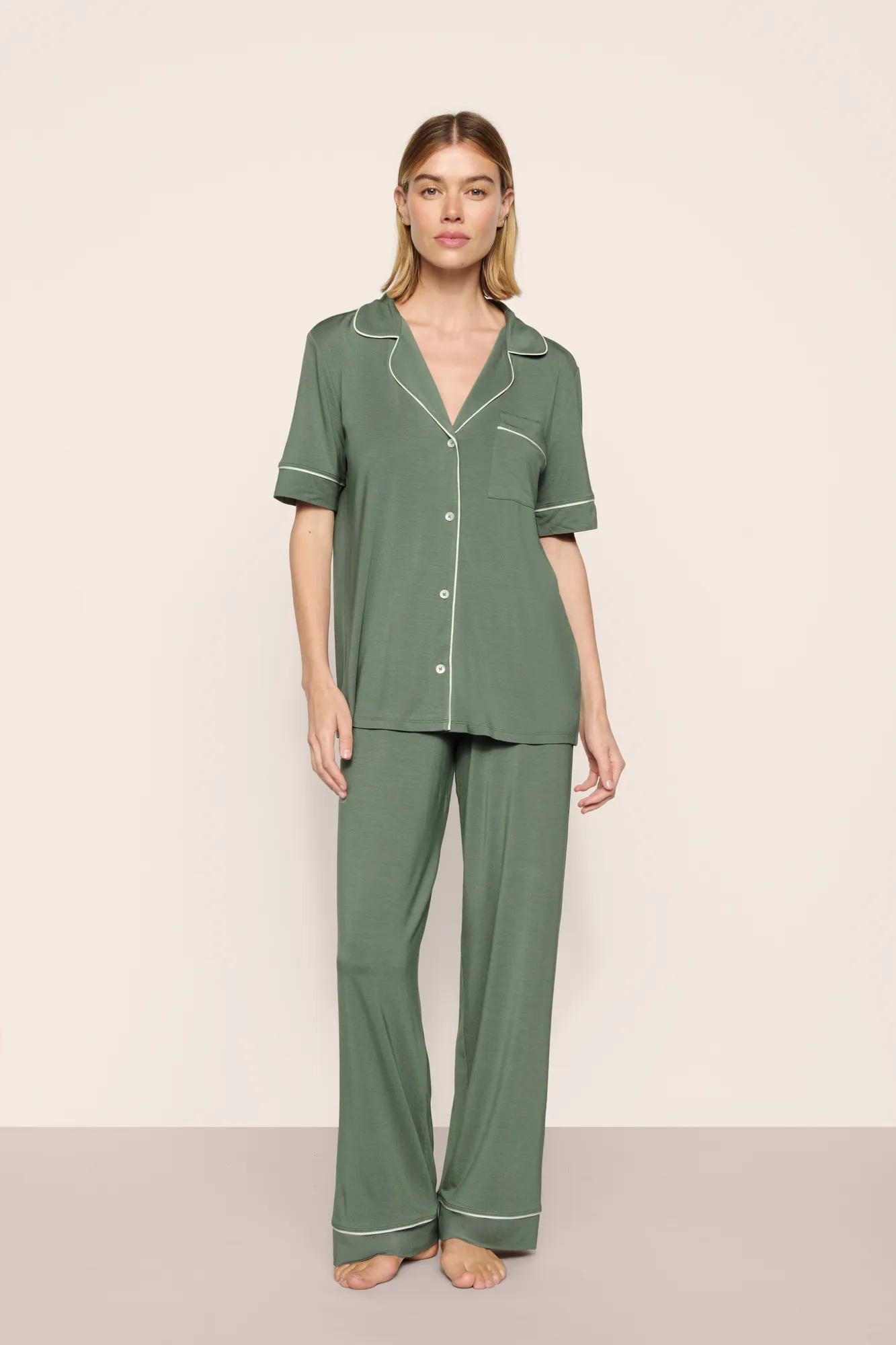 Model is wearing Gisele TENCEL™ Modal Short Sleeve & Pant PJ Set  in  Desert Sage/Ivory