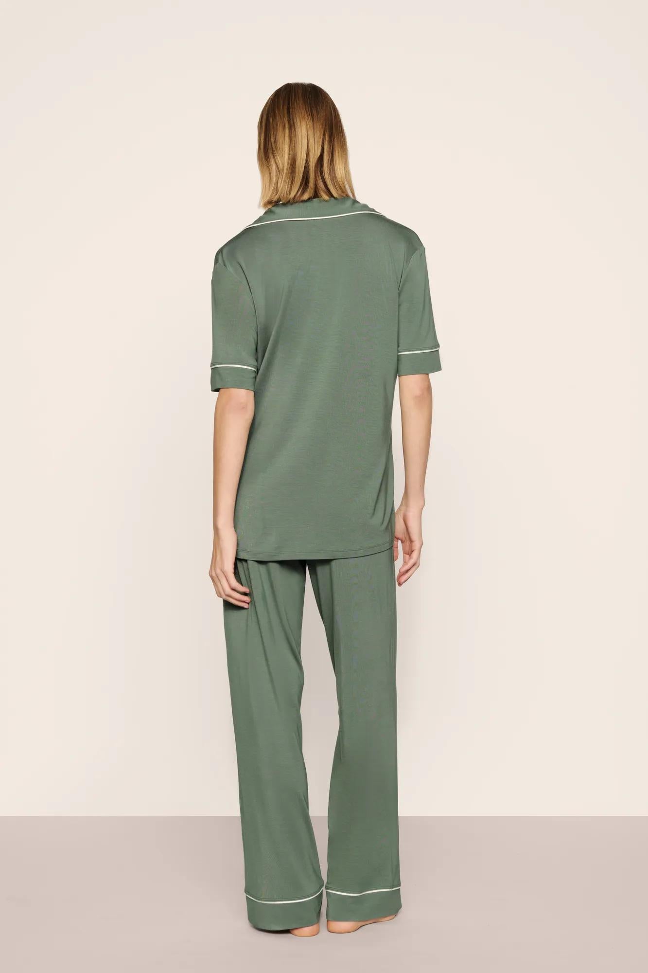 Model is wearing Gisele TENCEL™ Modal Short Sleeve & Pant PJ Set  in  Desert Sage/Ivory