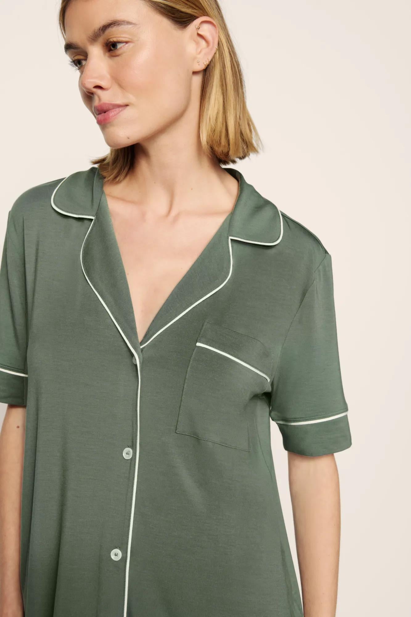 Model is wearing Gisele TENCEL™ Modal Short Sleeve & Pant PJ Set  in  Desert Sage/Ivory