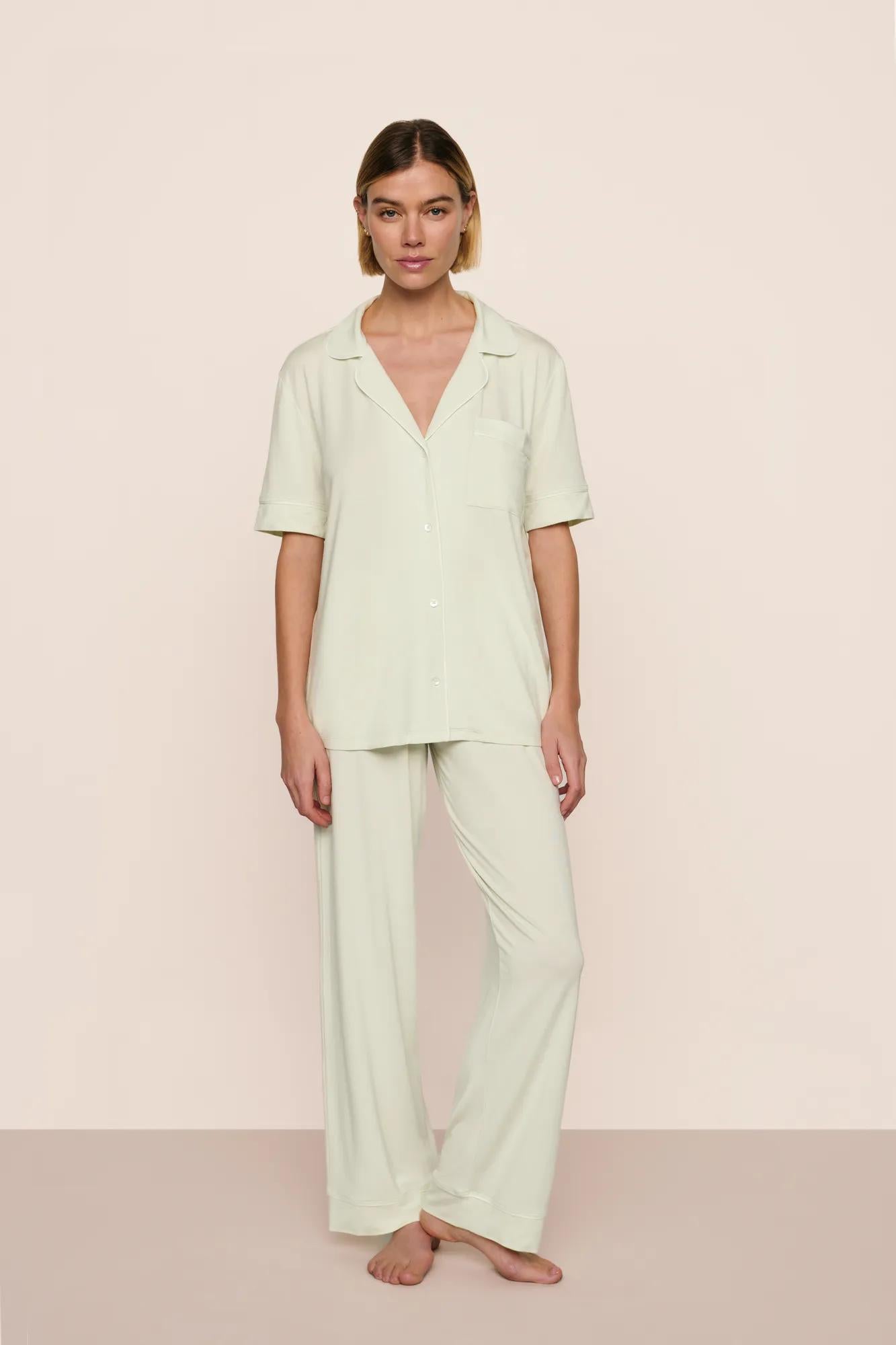 Model is wearing Gisele TENCEL™ Modal Short Sleeve & Pant PJ Set  in Seafoam/Ivory