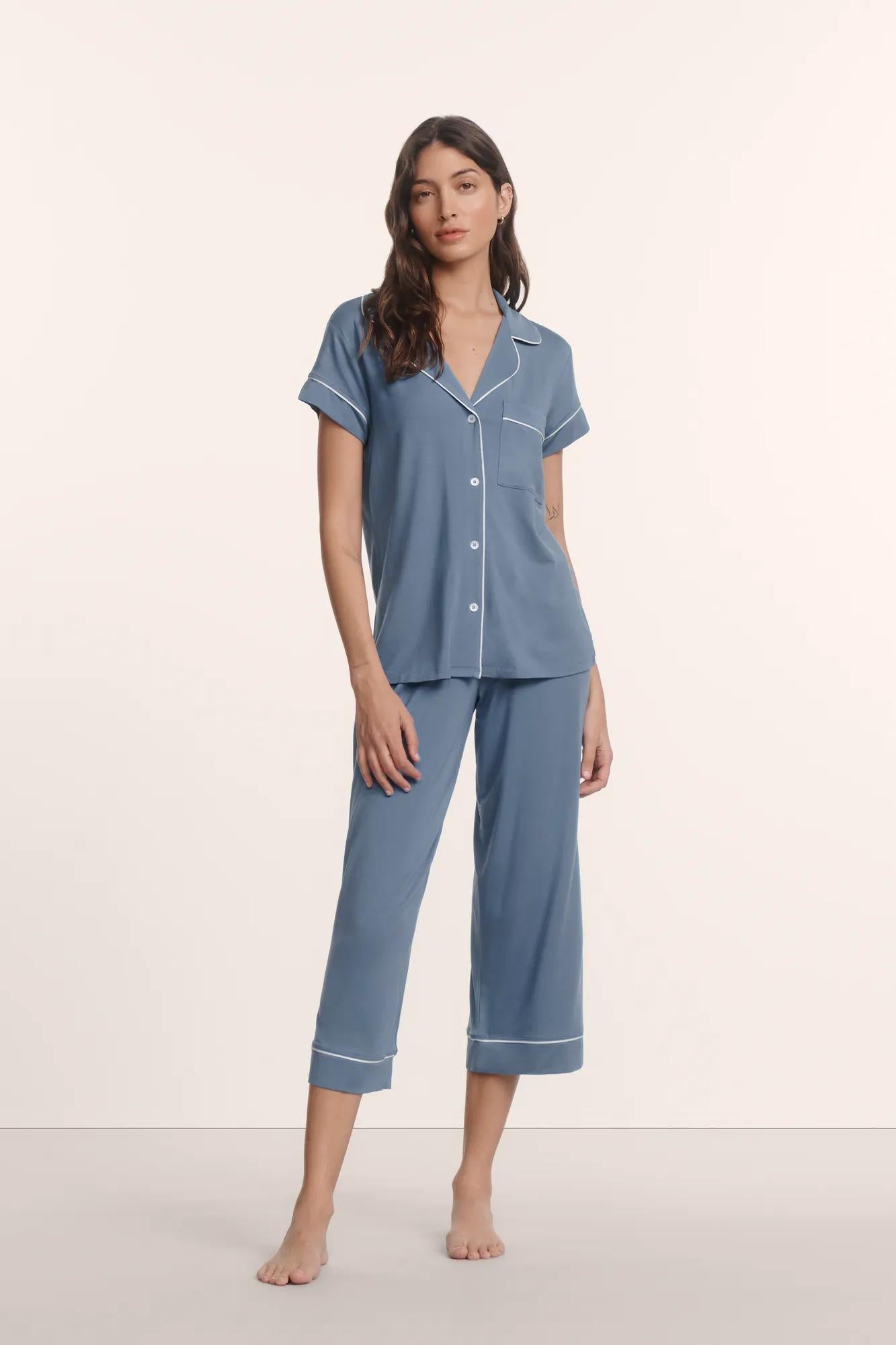 Model is wearing Gisele TENCEL™ Modal Short Sleeve Cropped PJ Set in Slate Blue/Ivory