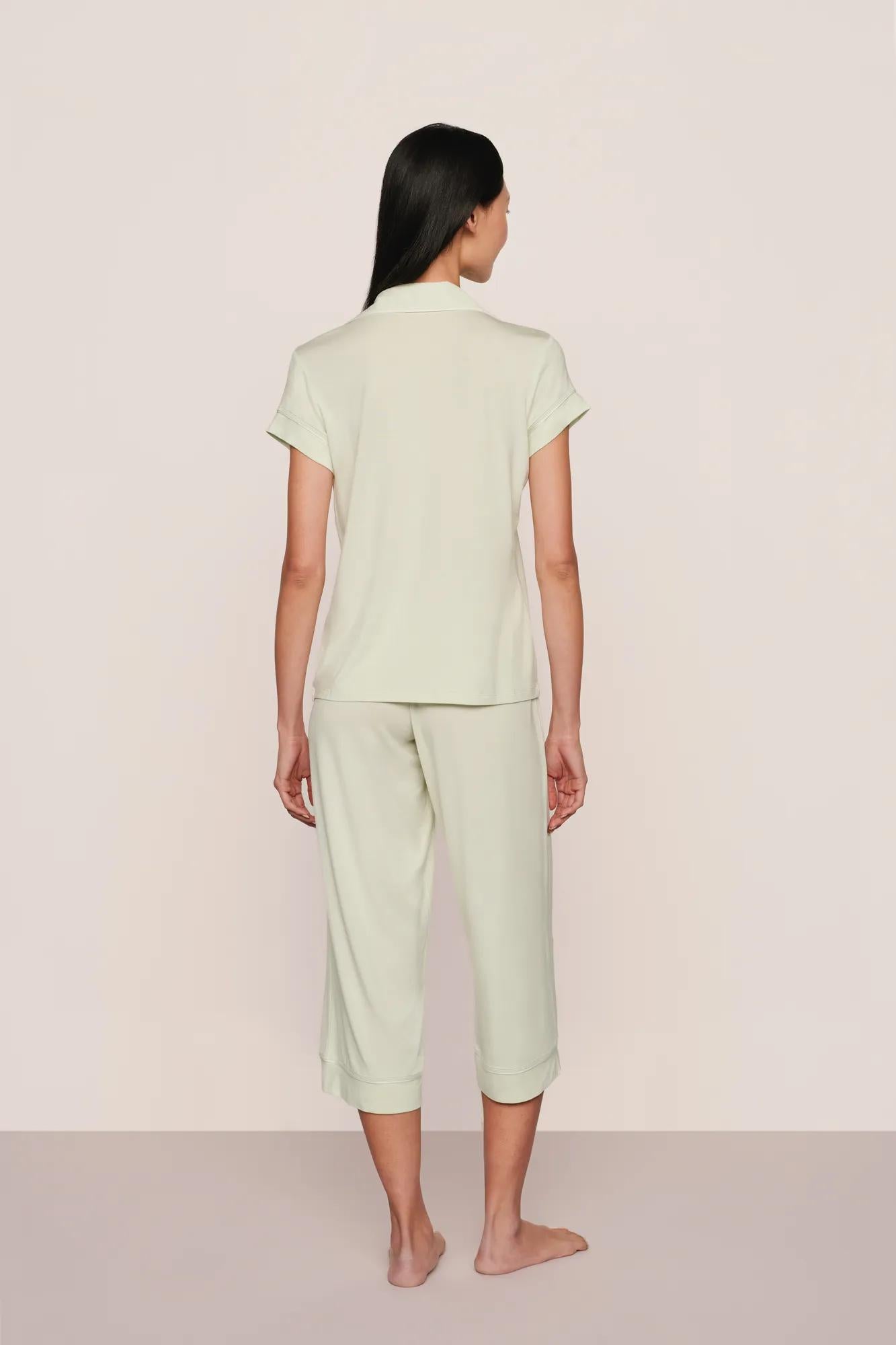 Model is wearing Gisele TENCEL™ Modal Short Sleeve Cropped PJ Set  in Seafoam/Ivory