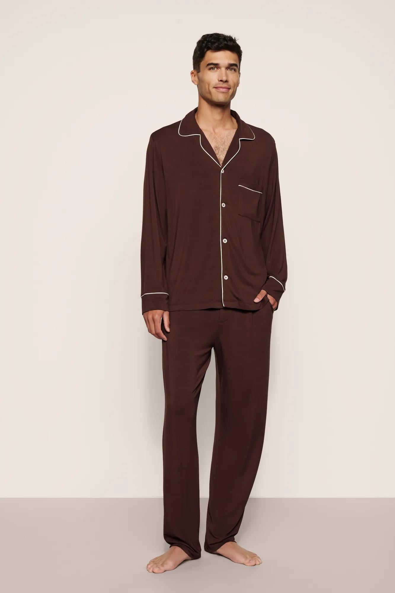 Model is wearing William TENCEL™ Modal Long PJ Set in Chocolate/Ivory