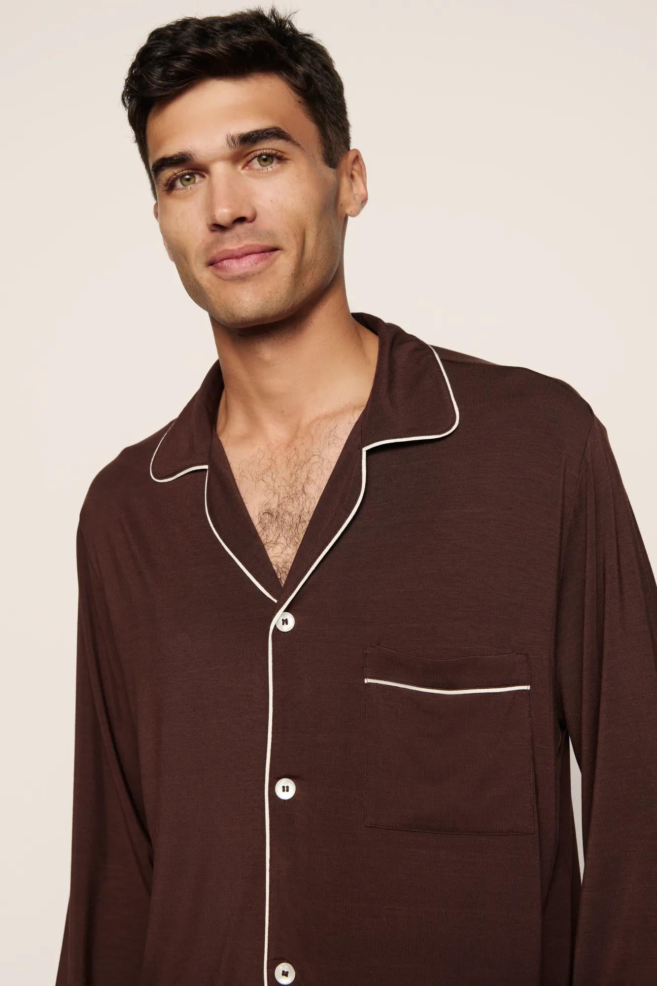 Model is wearing William TENCEL™ Modal Long PJ Set in Chocolate/Ivory