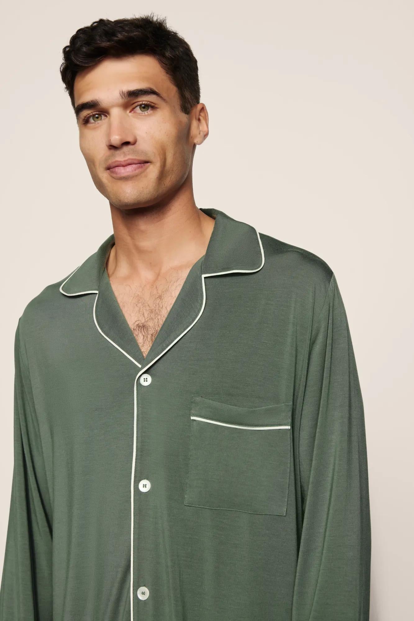 Model is wearing William TENCEL™ Modal Long PJ Set  in  Desert Sage/Ivory