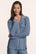Model is wearing Gisele Printed TENCEL™ Modal Long PJ Set in Duo Stripe Slate Blue/Ivory