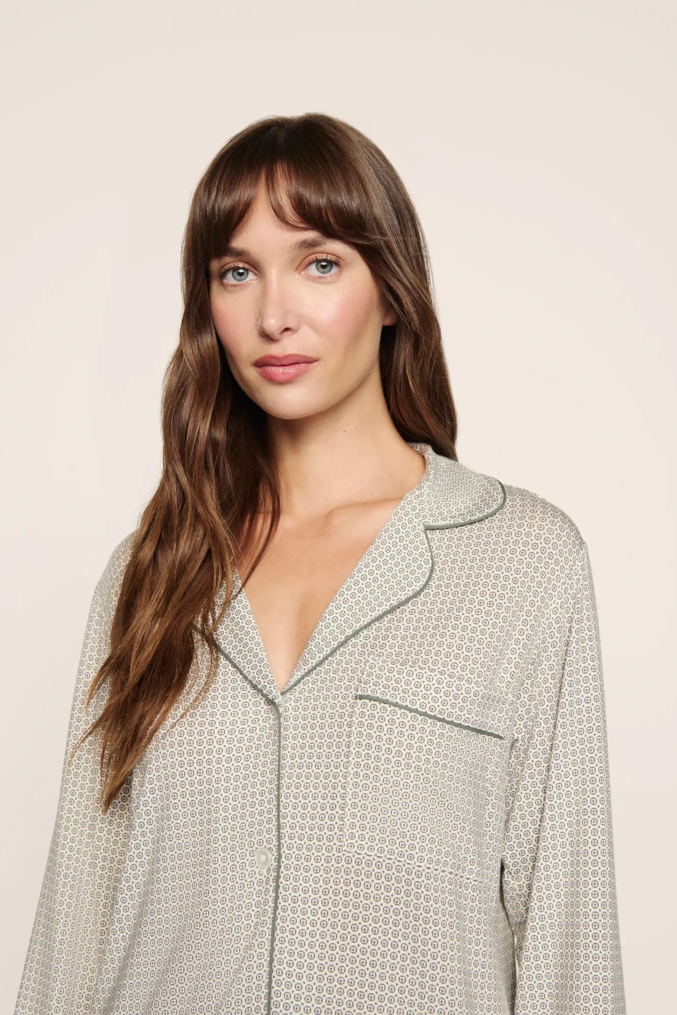Model is wearing Gisele Printed TENCEL™ Modal Long PJ Set  in  Geo Mod Desert Sage/Desert Sag