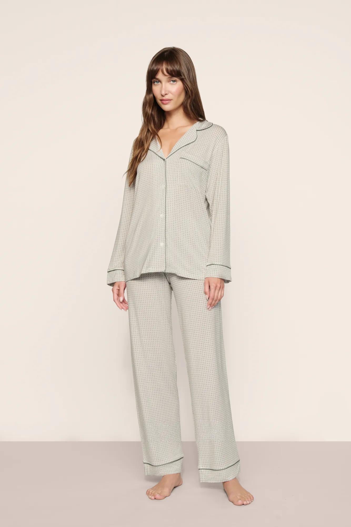 Model is wearing Gisele Printed TENCEL™ Modal Long PJ Set  in  Geo Mod Desert Sage/Desert Sag