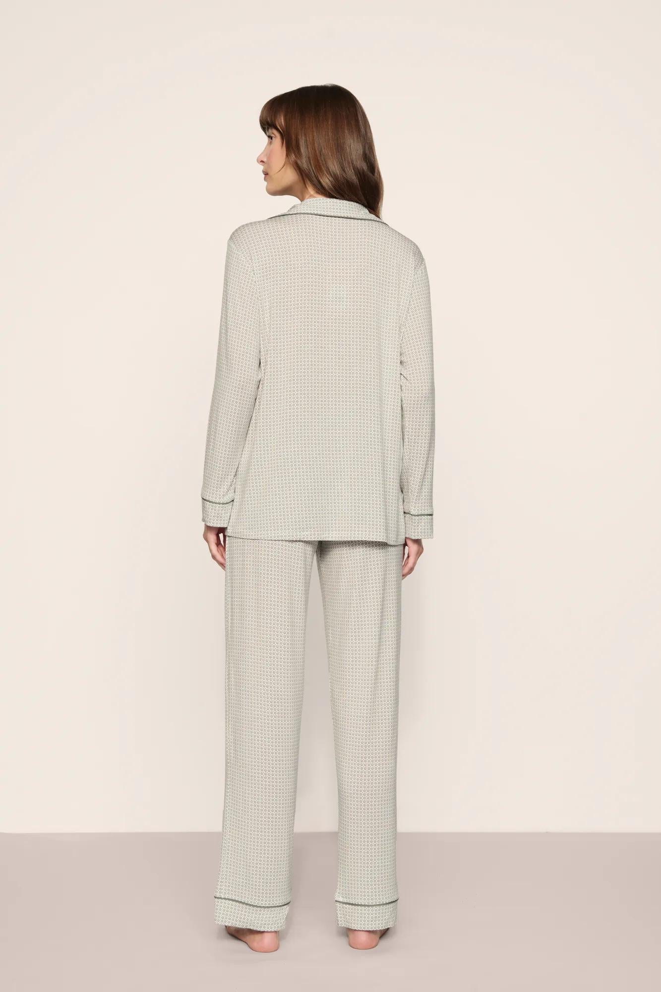 Model is wearing Gisele Printed TENCEL™ Modal Long PJ Set  in  Geo Mod Desert Sage/Desert Sag