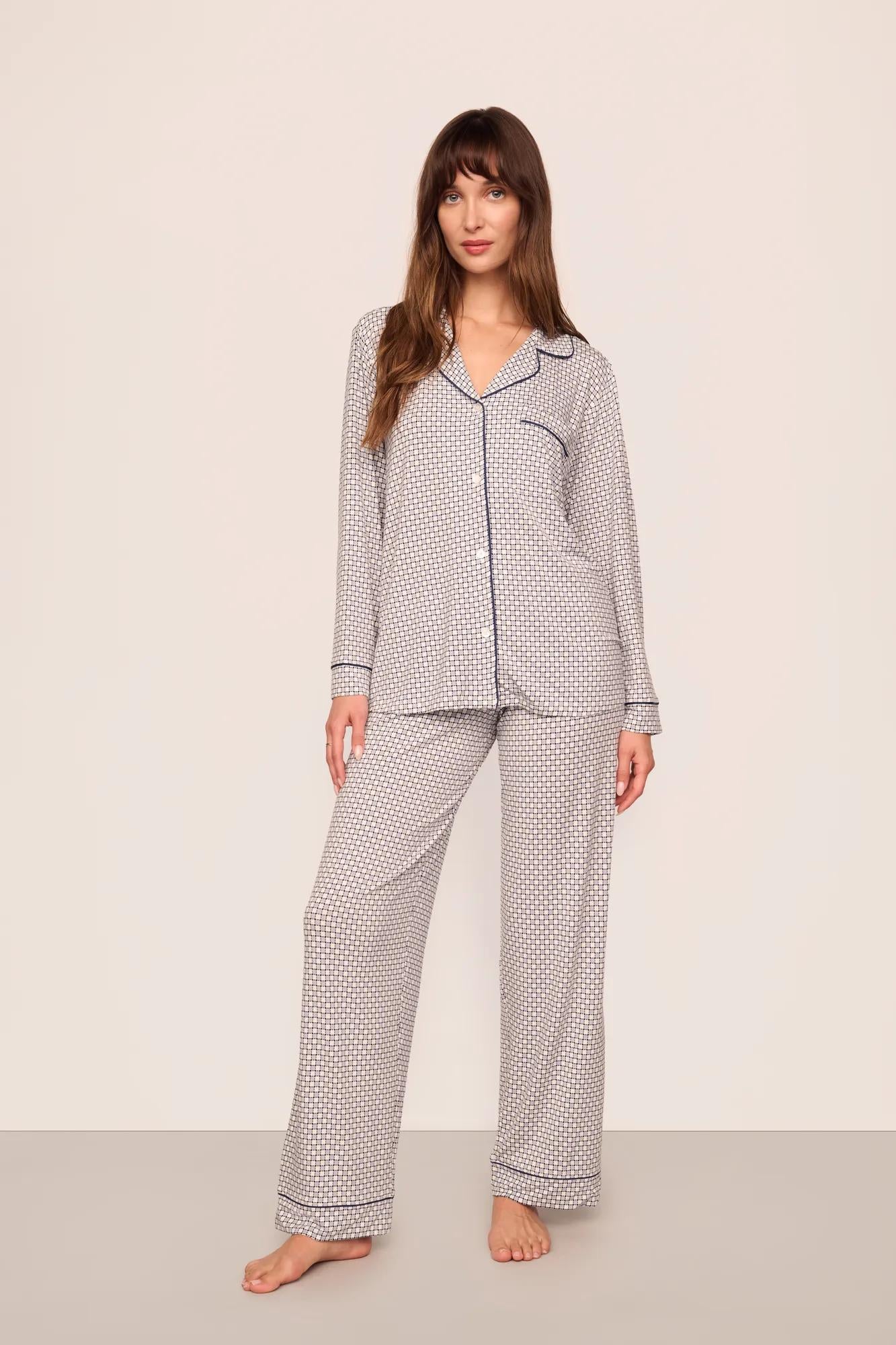 Model is wearing Gisele Printed TENCEL™ Modal Long PJ Set  in  Geo