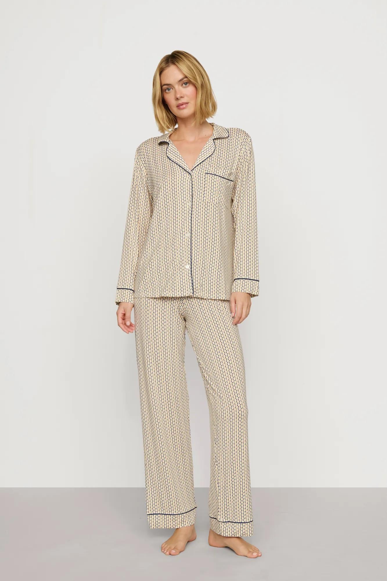 Model is wearing Gisele Printed TENCEL™ Modal Long PJ Set in Hourglass Sunbeam/Navy