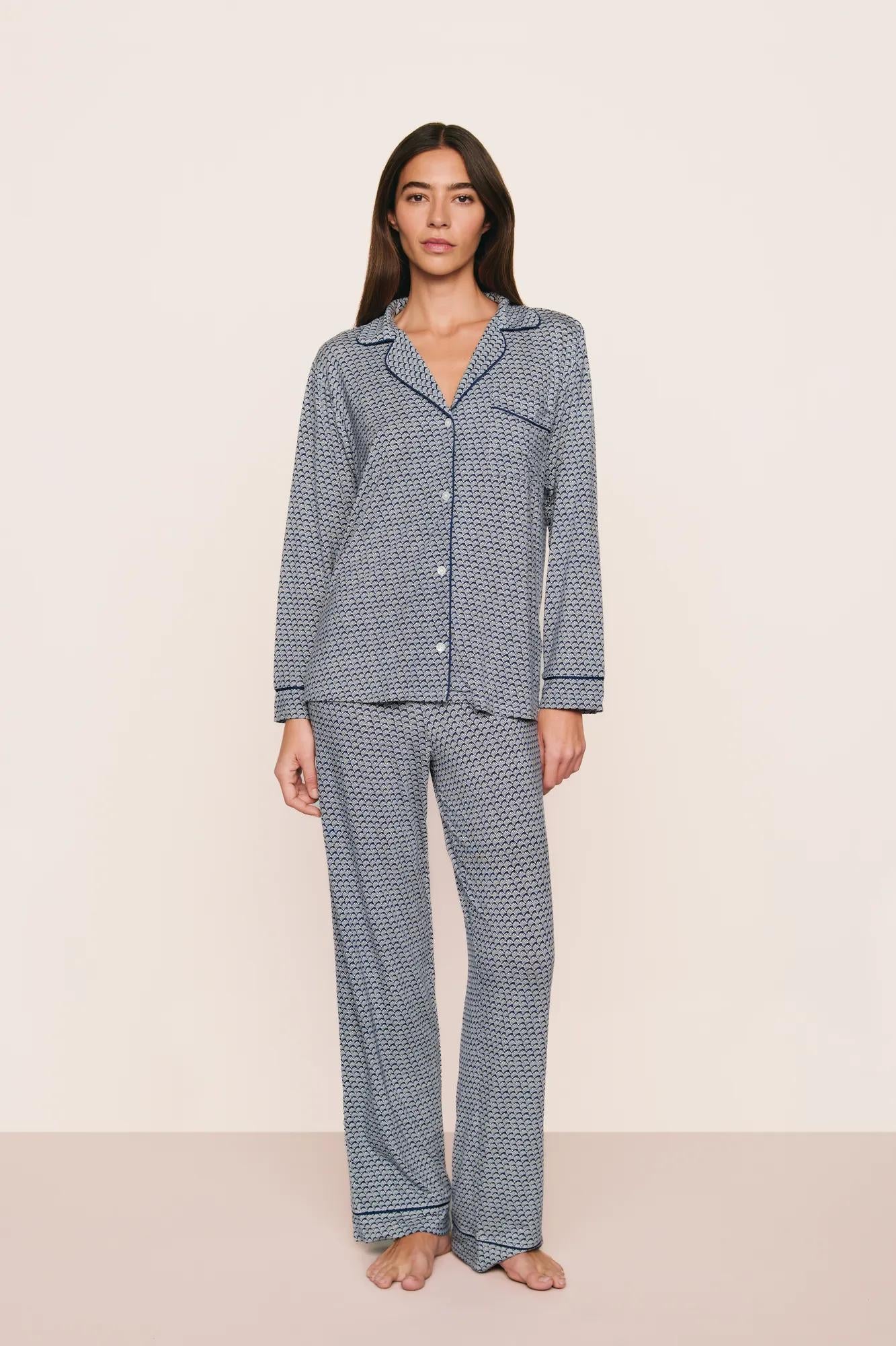 Model is wearing Gisele Printed TENCEL™ Modal Long PJ Set  in Seashell Navy/Navy