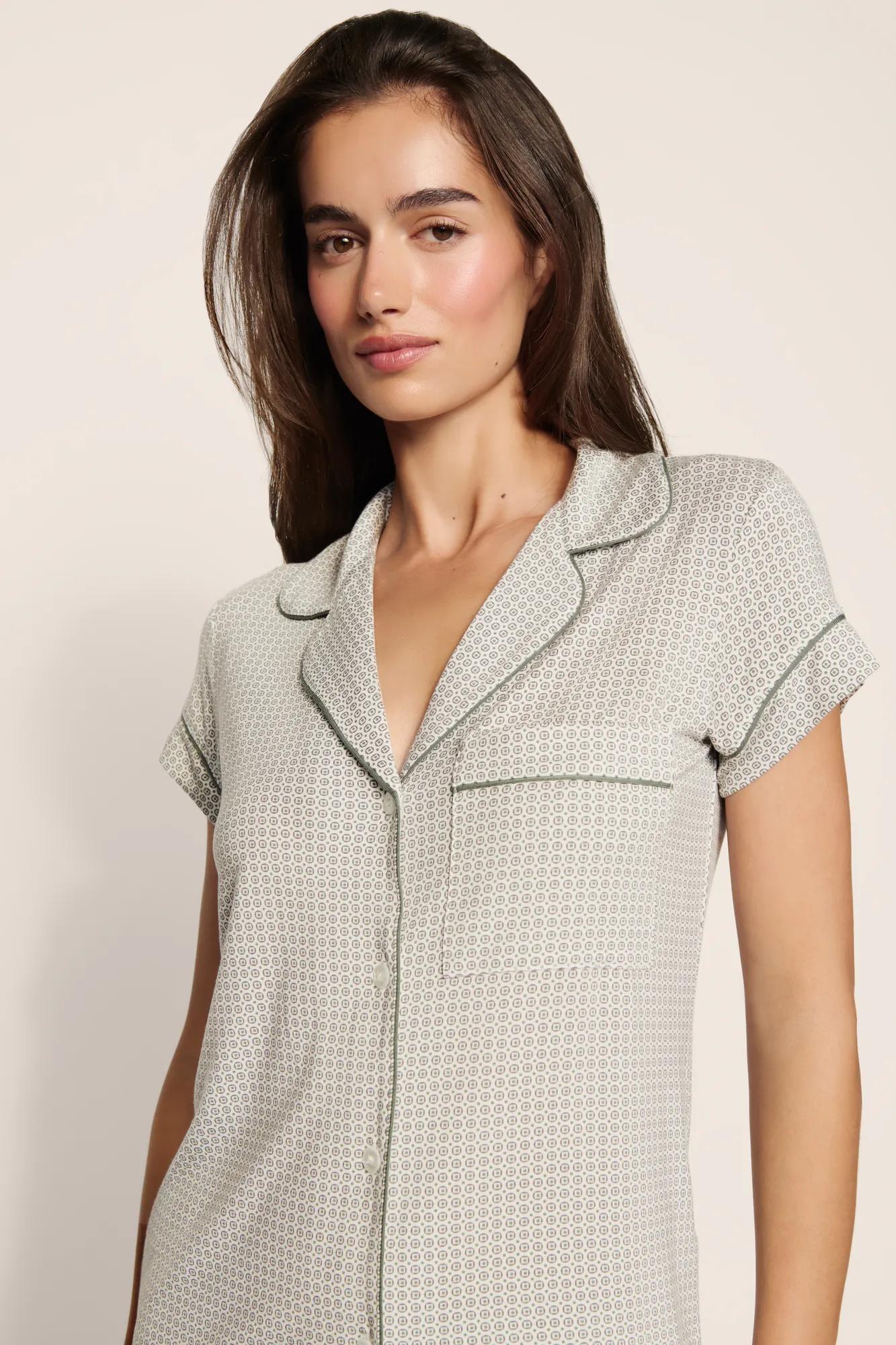 Model is wearing Gisele Printed TENCEL™ Modal Shortie Short PJ Set  in  Geo Mod Desert Sage/Desert Sag