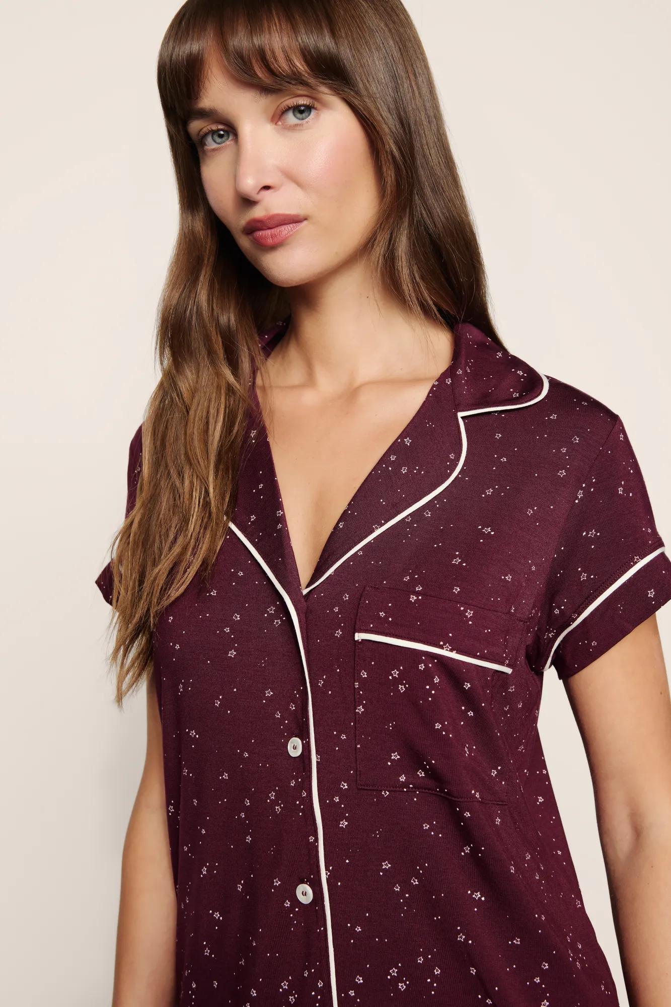 Model is wearing Gisele Printed TENCEL™ Modal Shortie Short PJ Set in Starlight Wildberry/Ivory