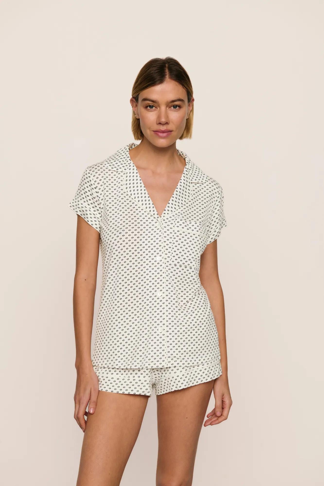 Model is wearing Gisele Printed TENCEL™ Modal Shortie Short PJ Set in Tide Dot Ivory/Ivory