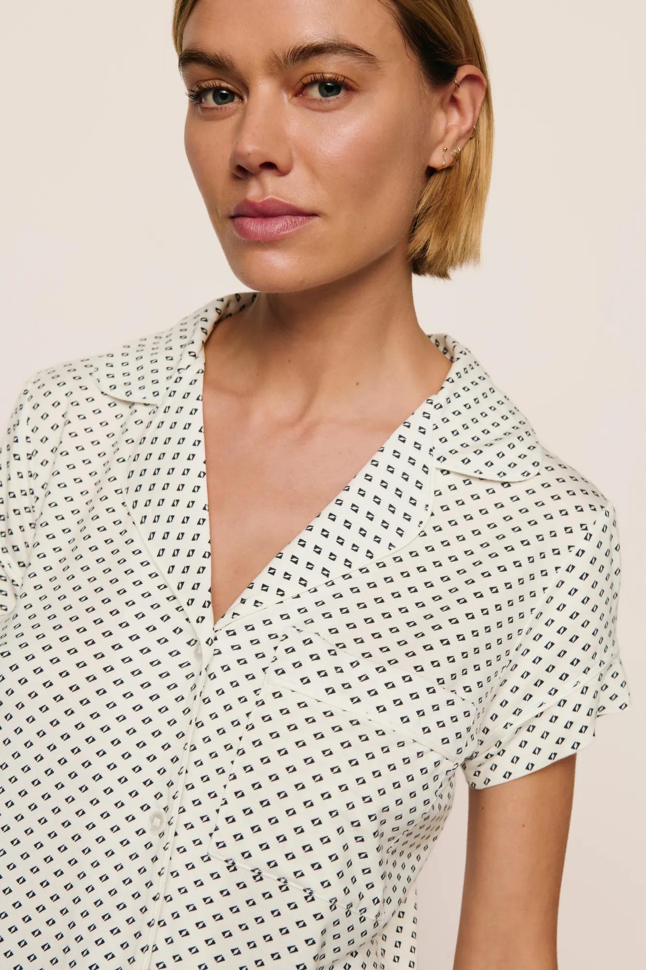 Model is wearing Gisele Printed TENCEL™ Modal Shortie Short PJ Set in Tide Dot Ivory/Ivory