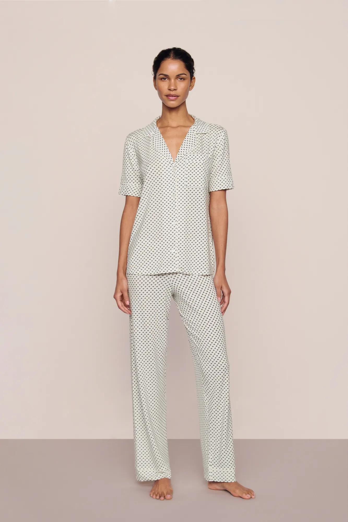 Model is wearing Gisele Printed TENCEL™ Modal Short Sleeve Pant PJ Set in Tide Dot Ivory/Ivory
