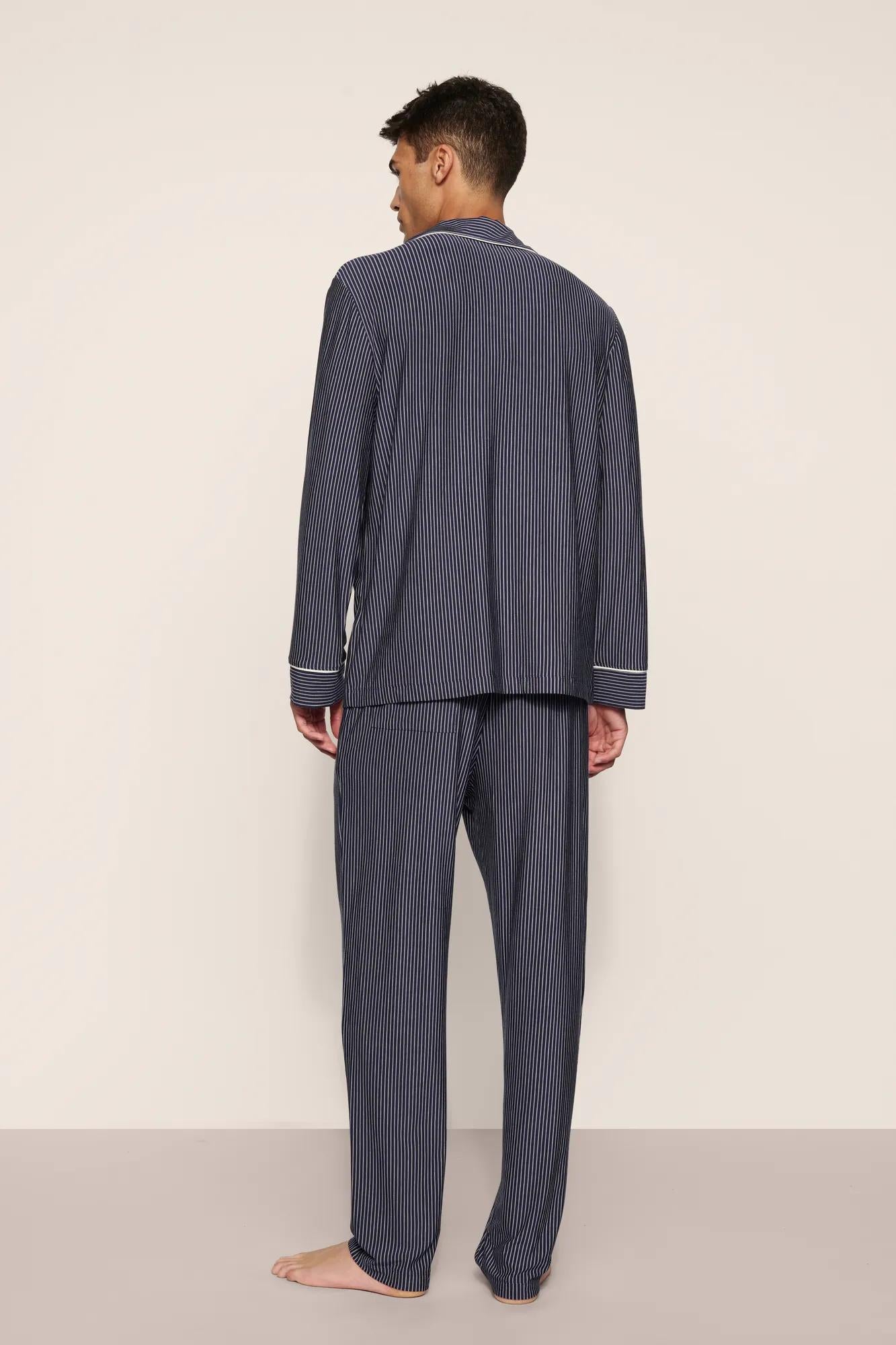 Model is wearing William Printed TENCEL™ Modal Long PJ Set  in  Duo Stripe Navy/Ivory