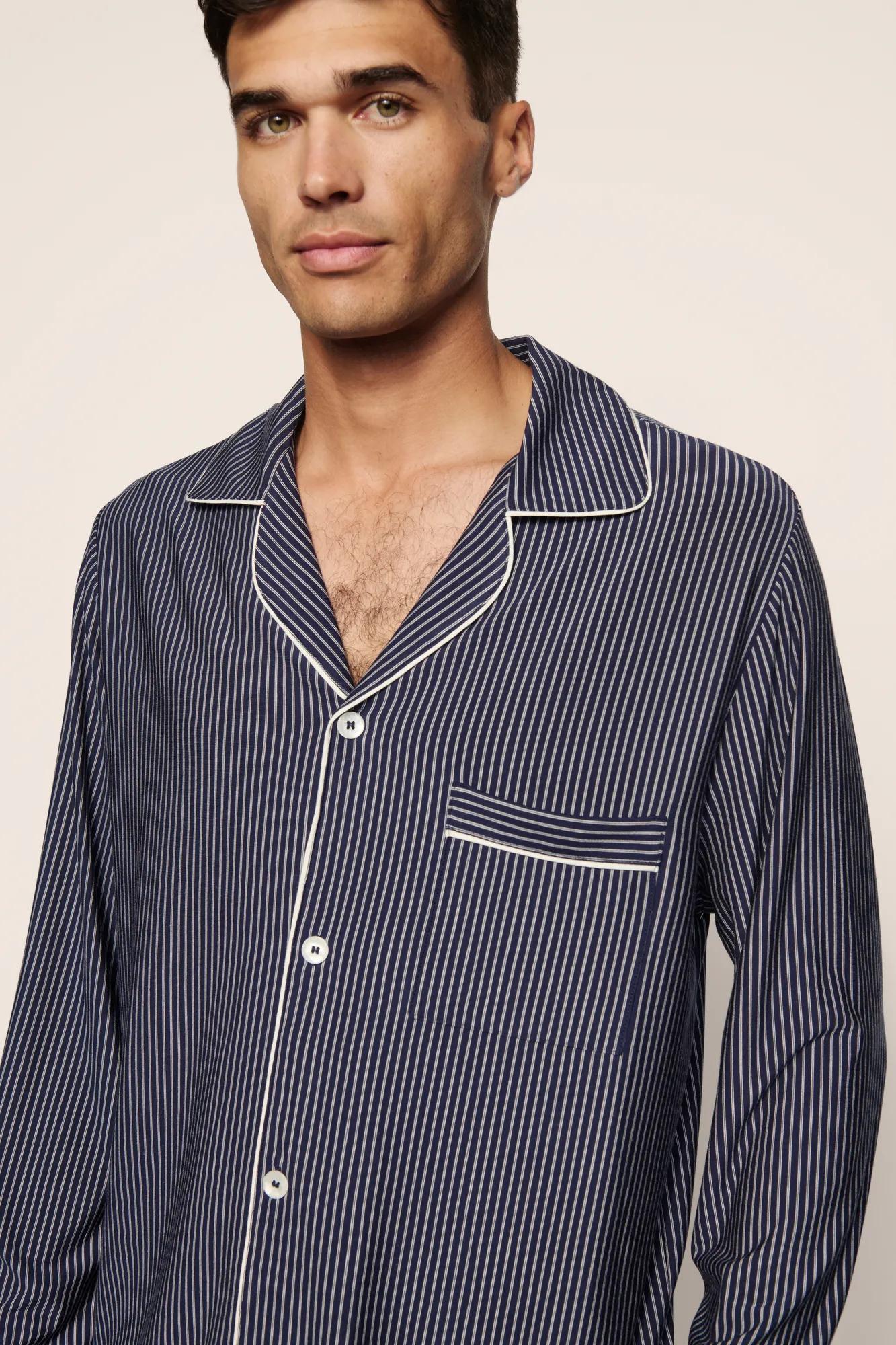 Model is wearing William Printed TENCEL™ Modal Long PJ Set  in  Duo Stripe Navy/Ivory