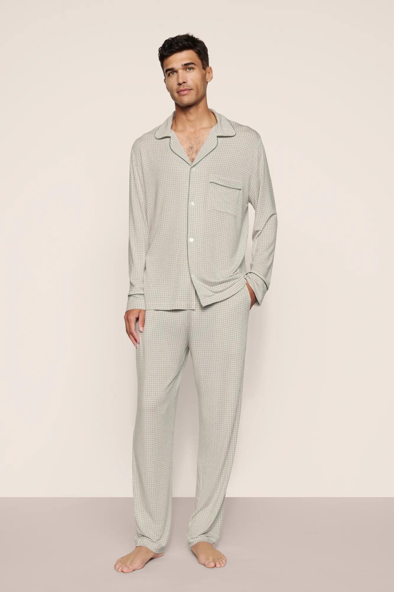 Model is wearing William Printed TENCEL™ Modal Long PJ Set  in  Geo Mod Desert Sage/Desert Sag