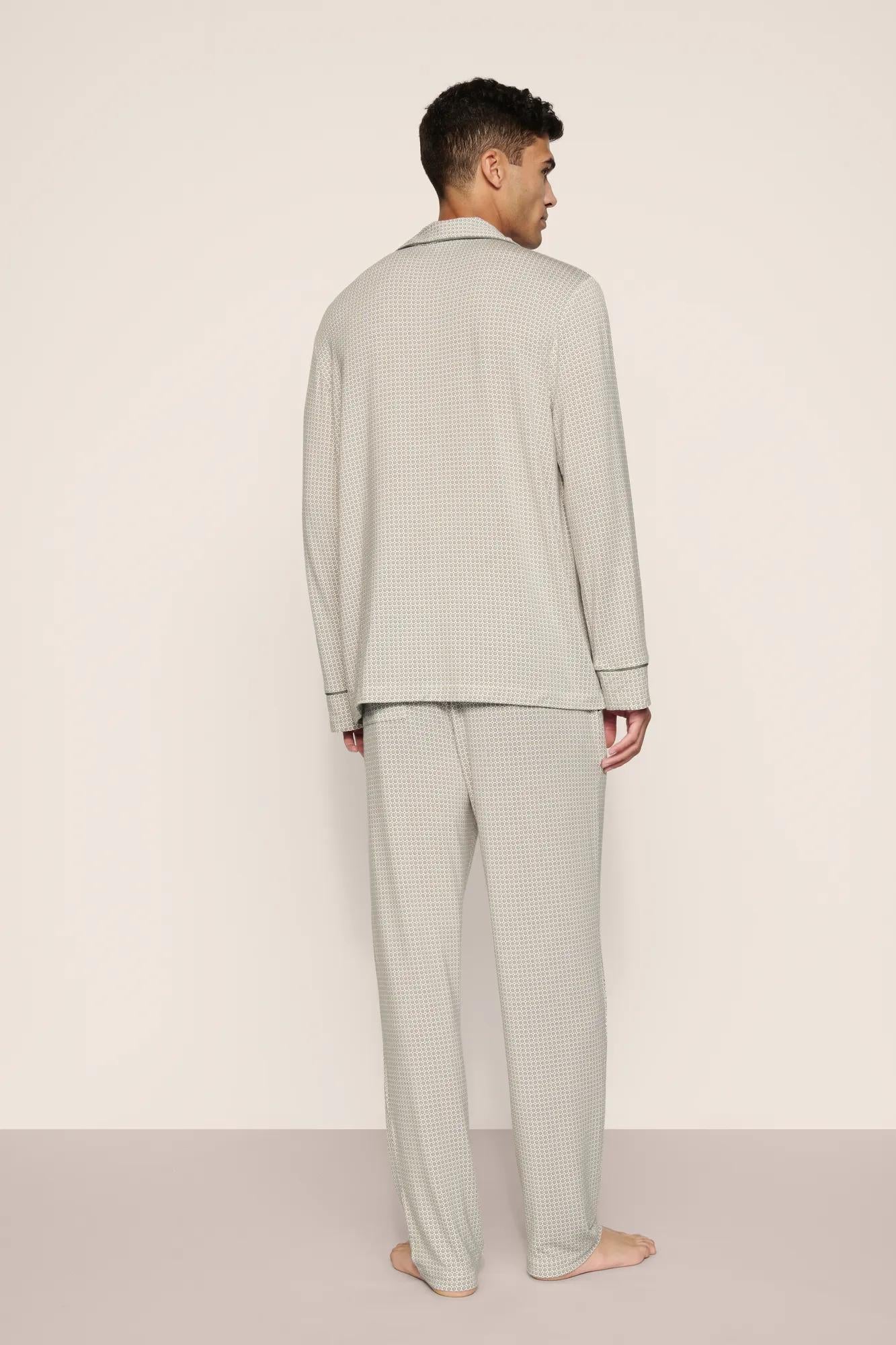 Model is wearing William Printed TENCEL™ Modal Long PJ Set  in  Geo Mod Desert Sage/Desert Sag