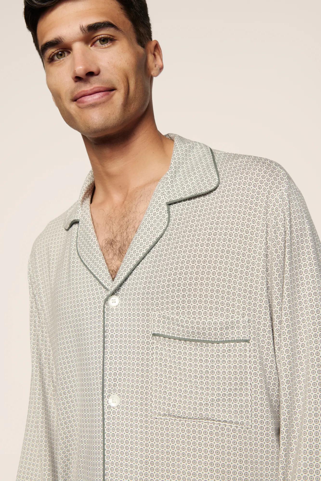 Model is wearing William Printed TENCEL™ Modal Long PJ Set  in  Geo Mod Desert Sage/Desert Sag