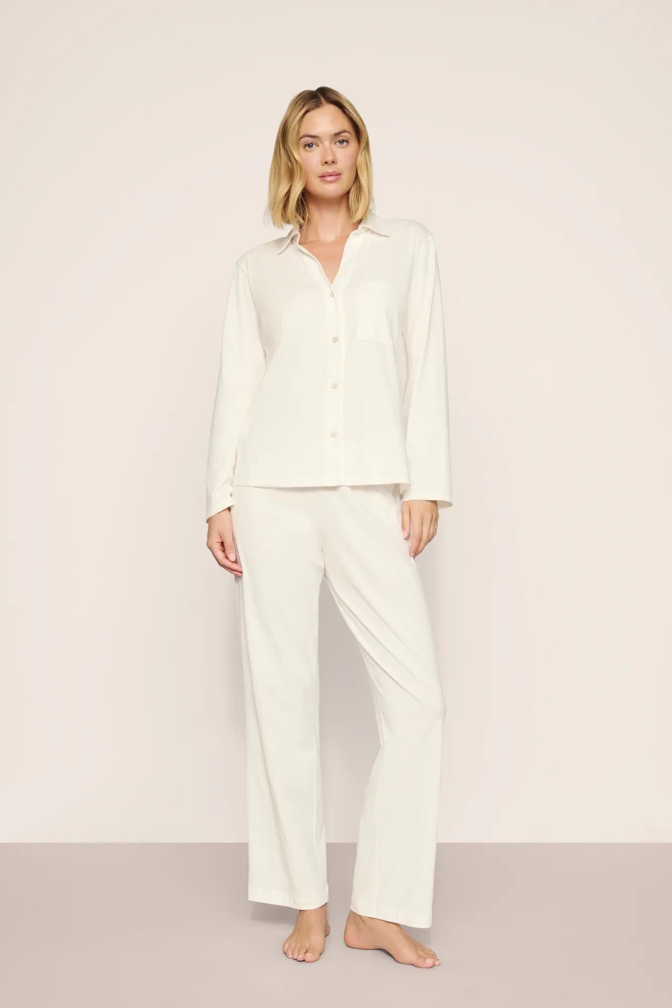 Model is wearing Pima Cotton Long PJ Set  in  Ivory