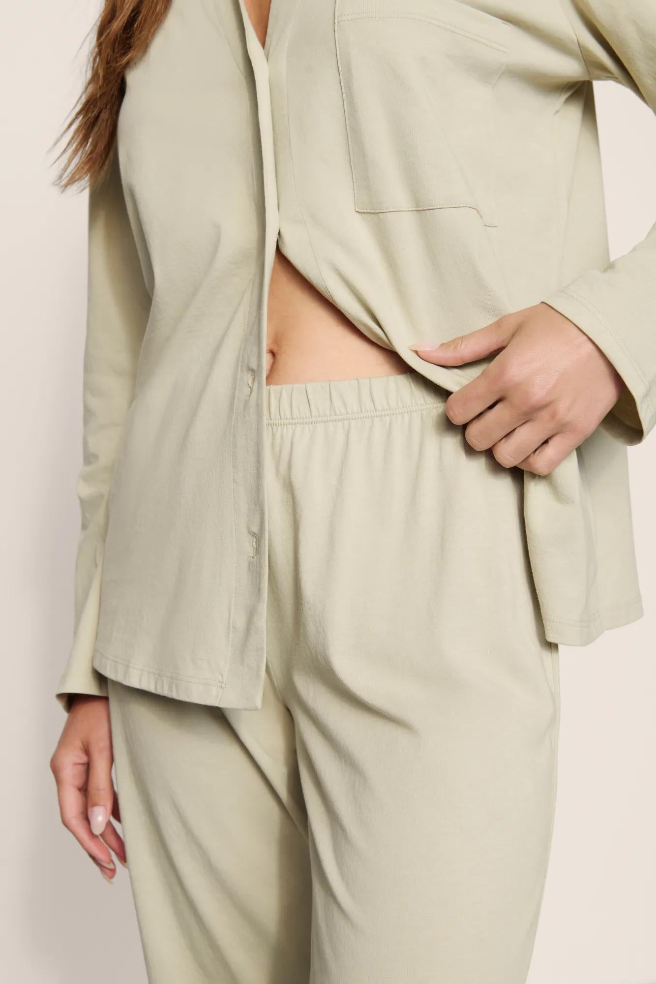 Model is wearing Pima Cotton Long PJ Set  in  Sandstone