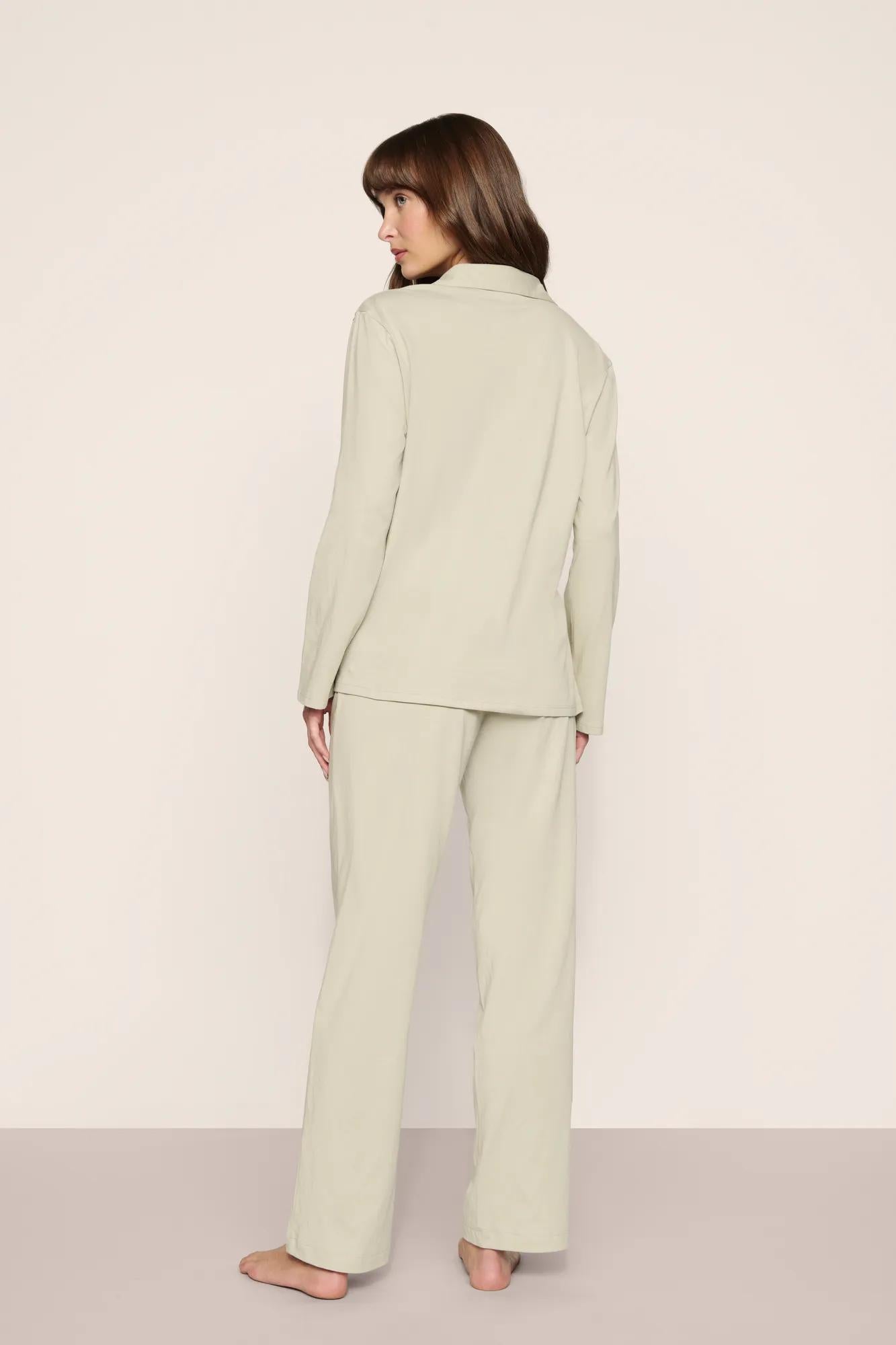 Model is wearing Pima Cotton Long PJ Set  in  Sandstone