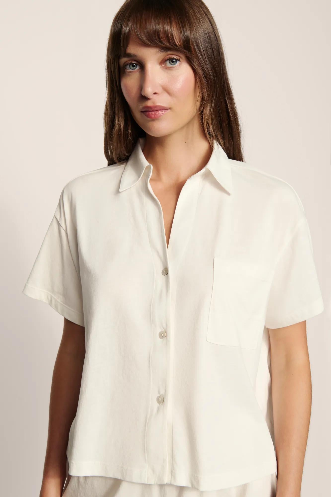 Model is wearing Pima Cotton Short PJ Set  in  Ivory