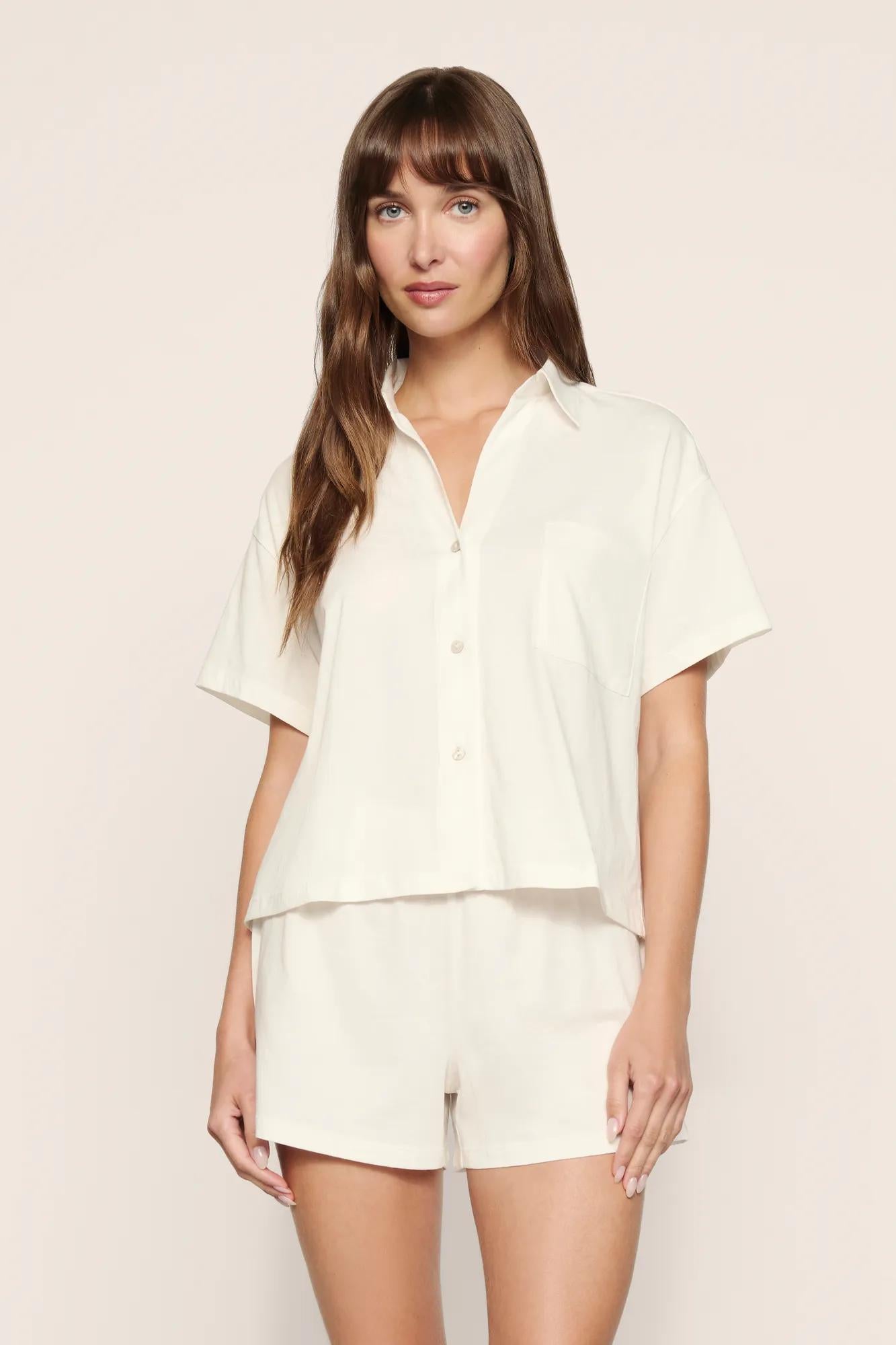 Model is wearing Pima Cotton Short PJ Set  in  Ivory