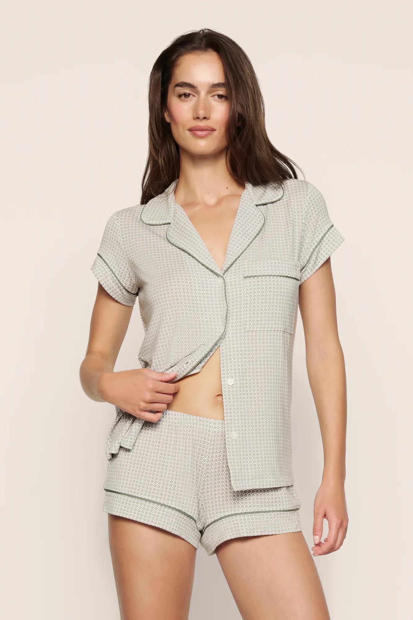 Model is wearing Gisele Printed TENCEL™ Modal Shortie Short PJ Set  in  Geo Mod Desert Sage/Desert Sag
